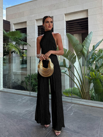 Women's Halter Neck Pleated And Wide Leg Pants Set
