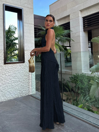 Women's Halter Neck Pleated And Wide Leg Pants Set