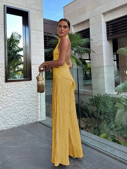 Women's Halter Neck Pleated And Wide Leg Pants Set