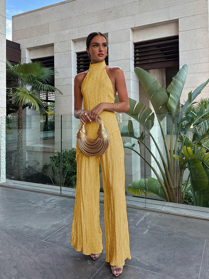 Women's Halter Neck Pleated And Wide Leg Pants Set