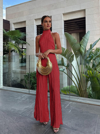Women's Halter Neck Pleated And Wide Leg Pants Set