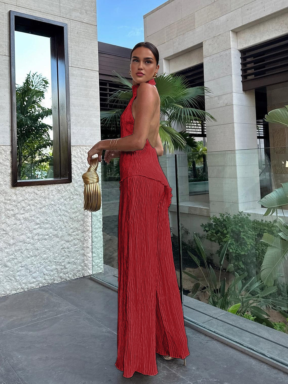 Women's Halter Neck Pleated And Wide Leg Pants Set