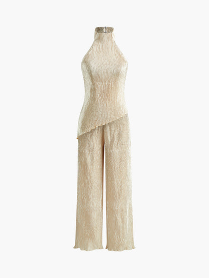 Women's Halter Neck Pleated And Wide Leg Pants Set
