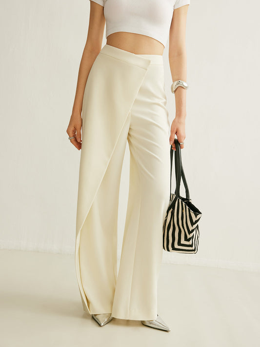 Women's High Waist Wide Leg Trousers Asymmetric Wrap Pants - Fashinoza