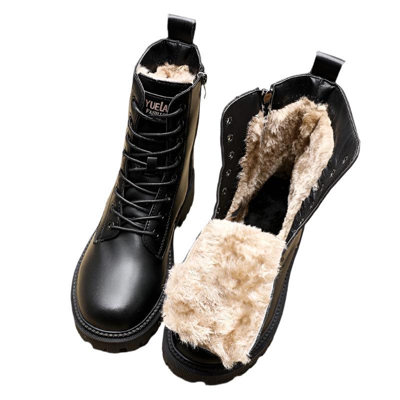 Women's Leather Warm Black Boots - Fashinoza