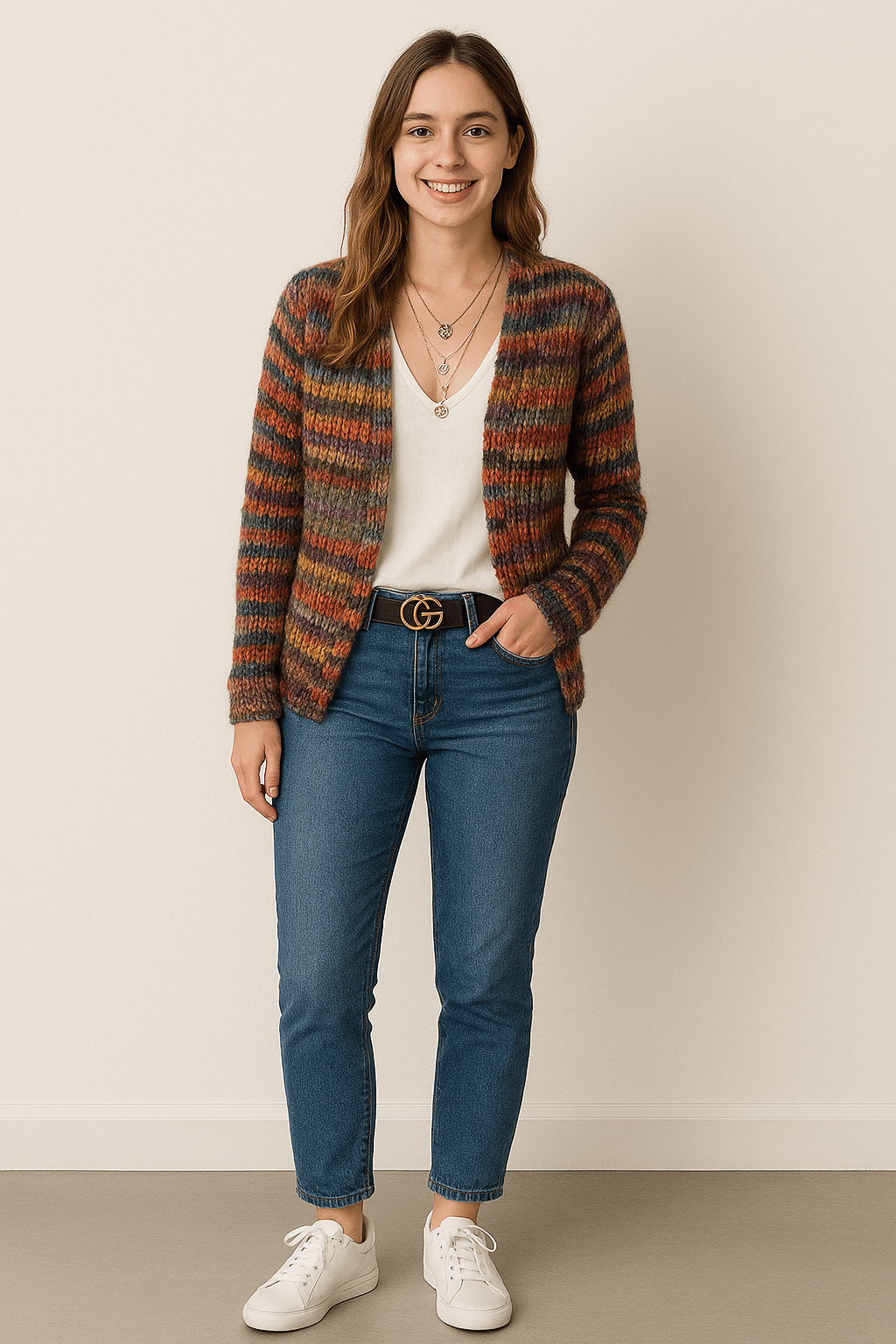 Women's Striped Open Front Cardigan - Fashinoza