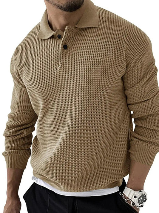 Men's Polo Sweater Button-Down Knit Navy - Fashinoza