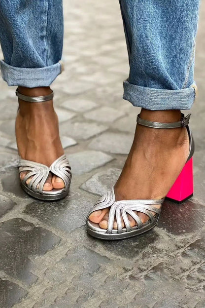 Women's Buckle Sandals Thick Heel Shiny Silver