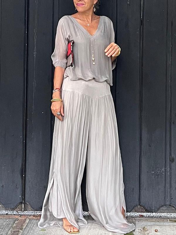 Women's V-Neck Jumpsuit Wide Leg Batwing Sleeve 2 Piece