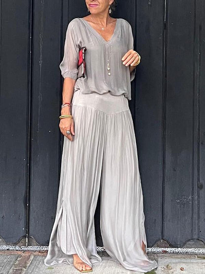 Women's V-Neck Jumpsuit Wide Leg Batwing Sleeve 2 Piece