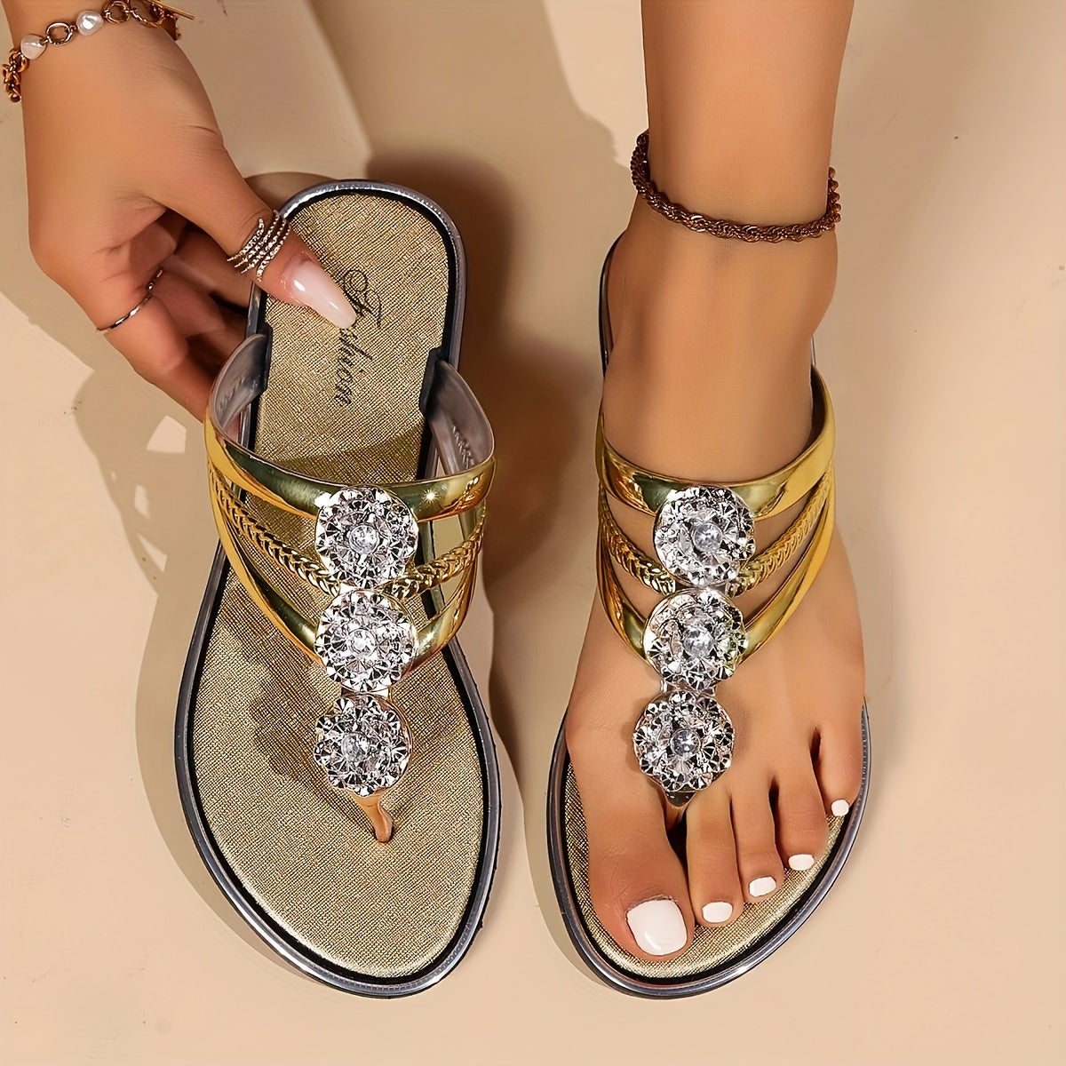 Women's Rhinestone T-Strap Sandals