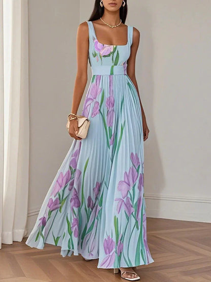 Women's Floral Maxi Dress Square Neckline Wide Straps