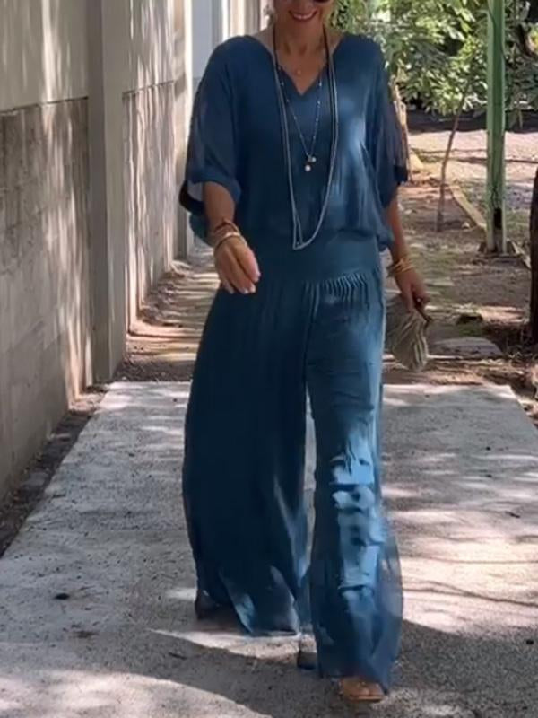 Women's V-Neck Jumpsuit Wide Leg Batwing Sleeve 2 Piece