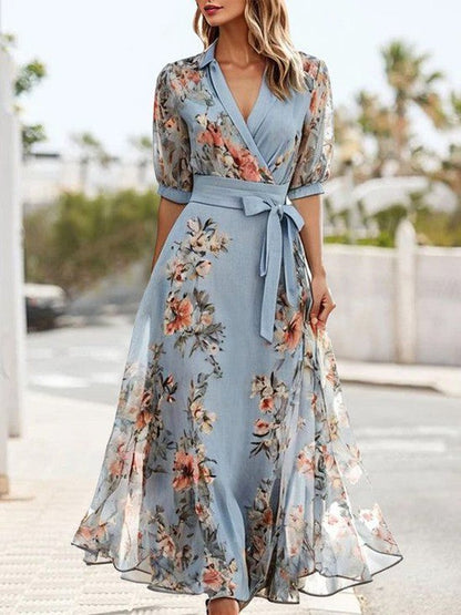 Women's Maxi Dress Wrap Style Puff Sleeves Waist Tie Belt - 
Fashinoza