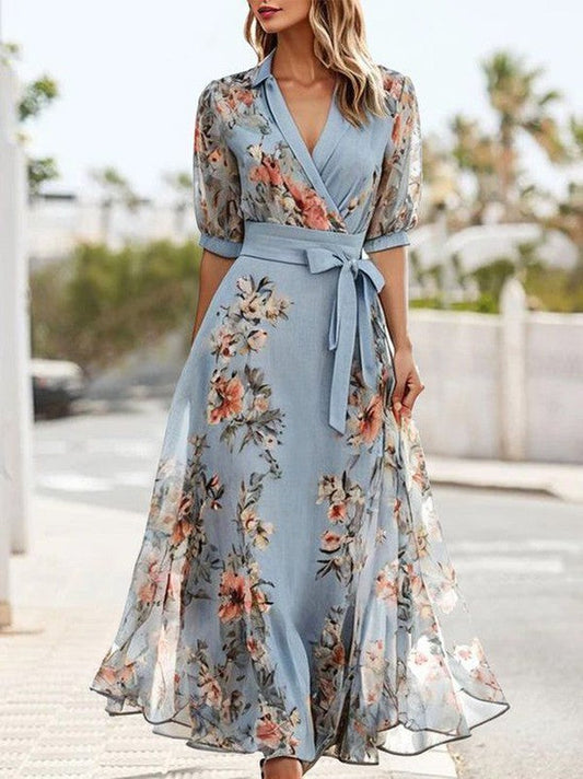Women's Maxi Dress Wrap Style Puff Sleeves Waist Tie Belt - 
Fashinoza