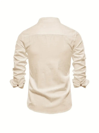 Men's Long Sleeve Button Front Shirt Cotton Band Collar White