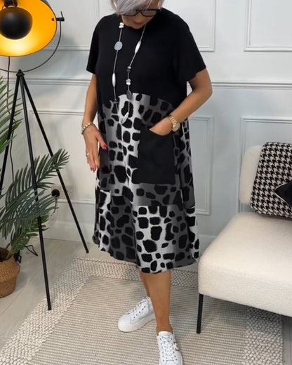 Relaxed Patchwork Midi Dress with Pockets