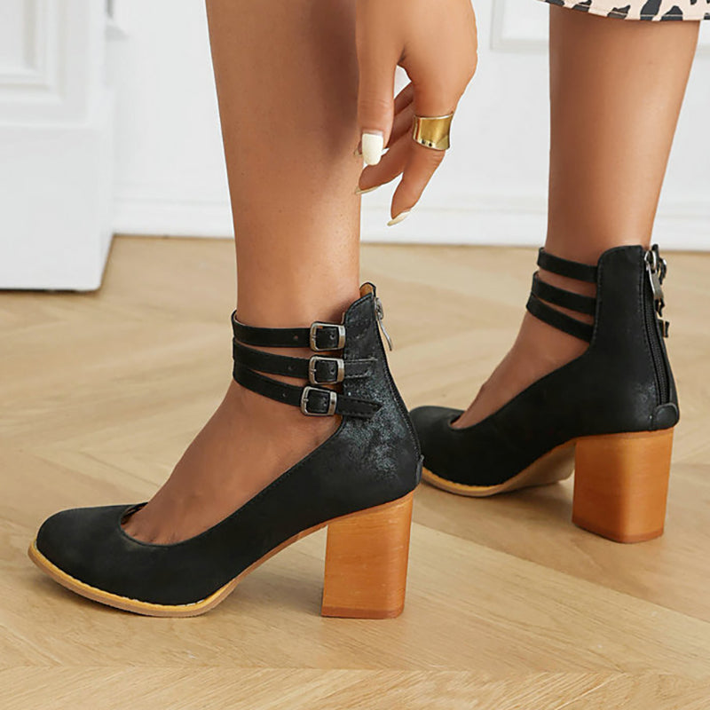 Women's Ankle Strap Sandals Smooth Leather Thick Heel