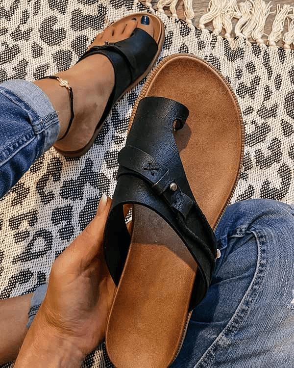 Women's Flat Slide Sandals Slip-On Leather Brown - Fashinoza