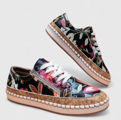 Women's Floral Lace Up Sneakers Cork Sole