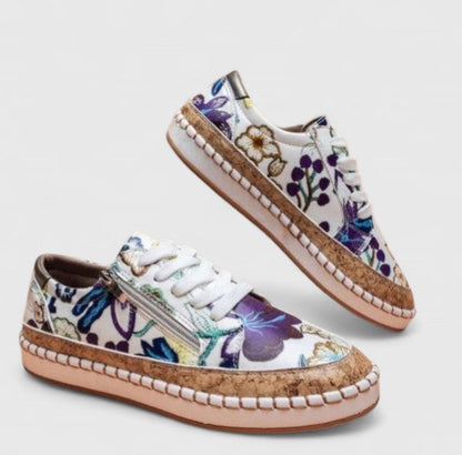 Women's Floral Lace Up Sneakers Cork Sole
