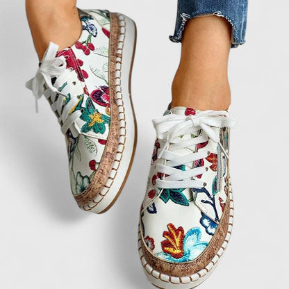 Women's Floral Lace Up Sneakers Cork Sole