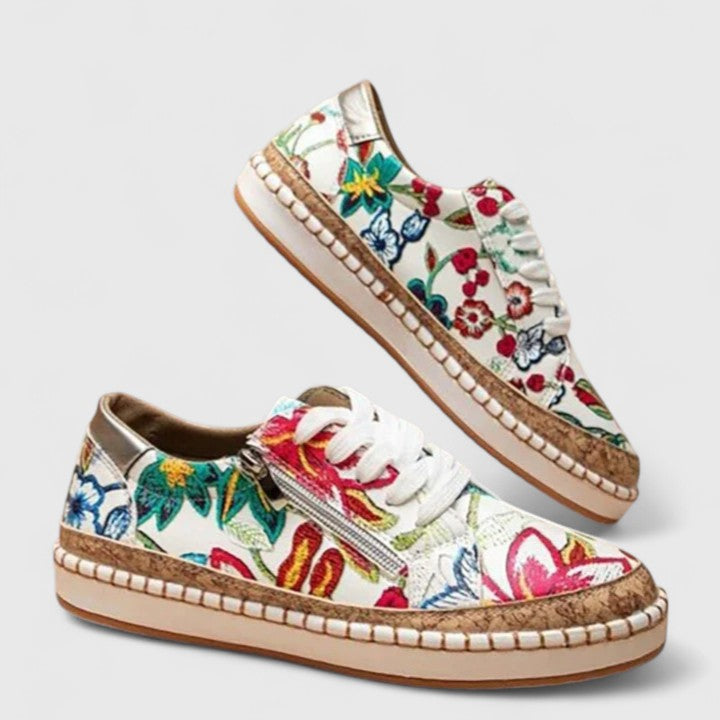 Women's Floral Lace Up Sneakers Cork Sole