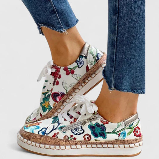 Women's Floral Lace Up Sneakers Cork Sole - Fashinoza