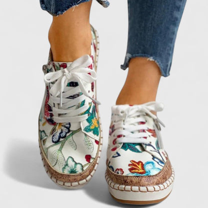 Women's Floral Lace Up Sneakers Cork Sole
