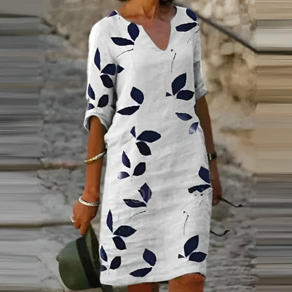 Women's Fall Leaf Print Dress Flowing Silhouette - 
Fashinoza