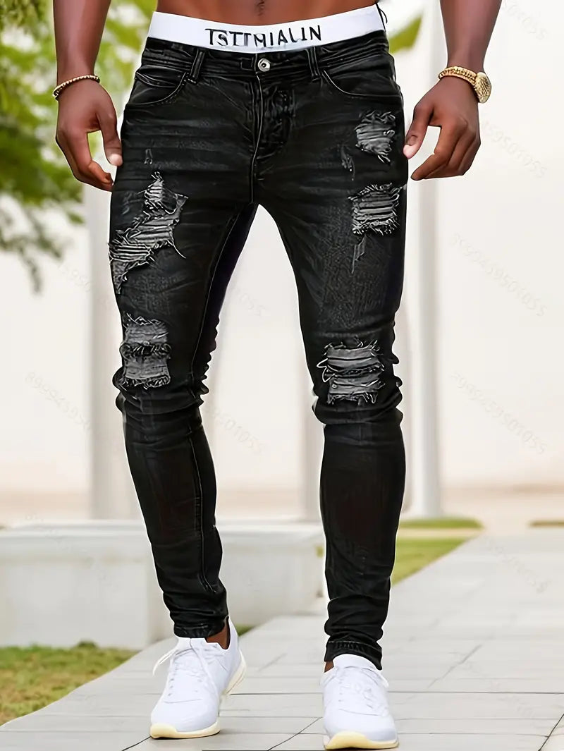 Men's Ripped Skinny Jeans Distressed Denim Blue
