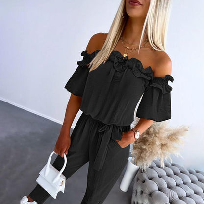 Women's Off Shoulder Jumpsuit Frill Tie Waist