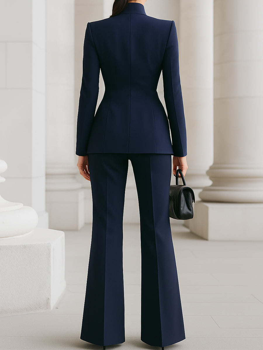 Women's Blazer Suit Set Wool Stand Collar Black