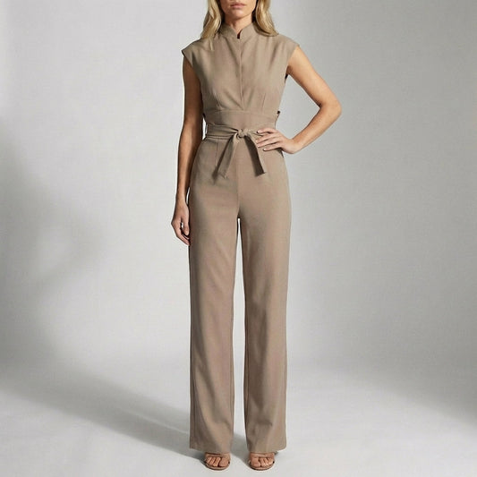 Women's Wide Leg Jumpsuit Ankle Length Mock Neck Beige - 
Fashinoza