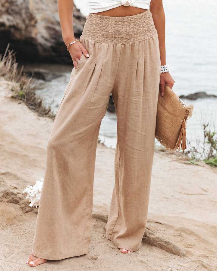 Women's Wide Leg Smocked Waist Trousers - Fashinoza