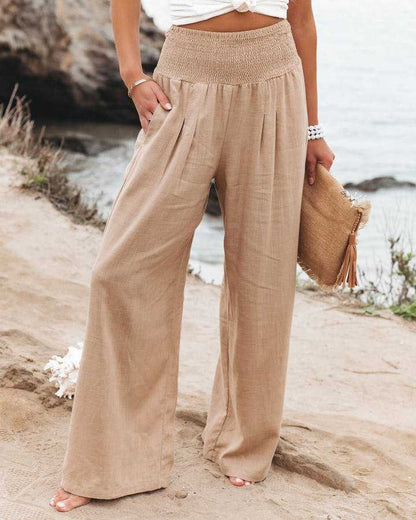 Women's Wide Leg Smocked Waist Trousers - Fashinoza