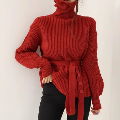 Women's Belted Turtleneck Wool Sweater - Fashinoza