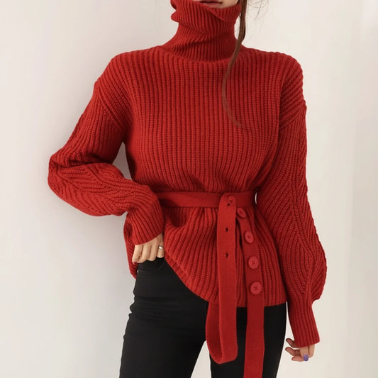 Women's Belted Turtleneck Wool Sweater - Fashinoza