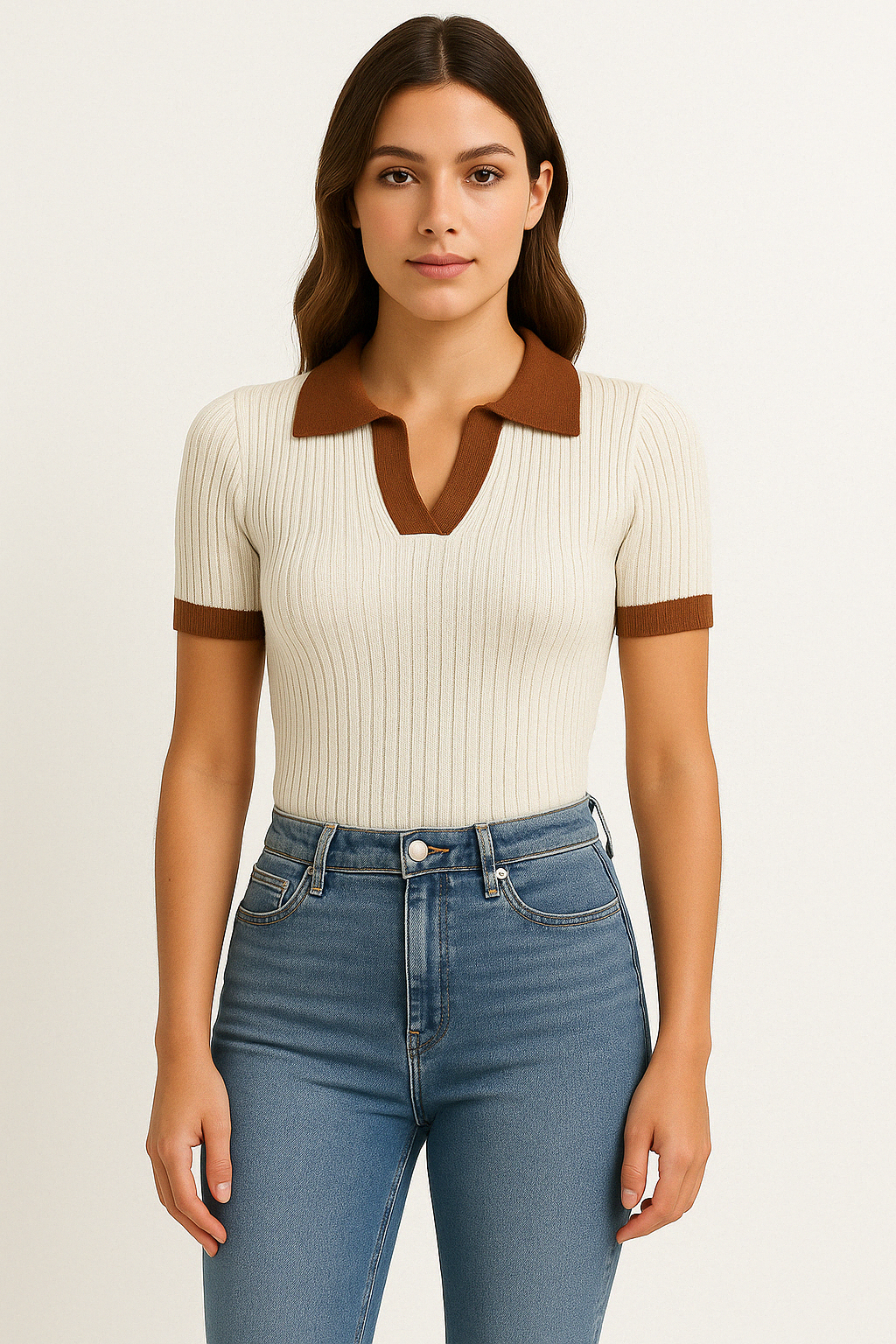 Women's Fitted Polo Shirt Ribbed Cotton - Fashinoza
