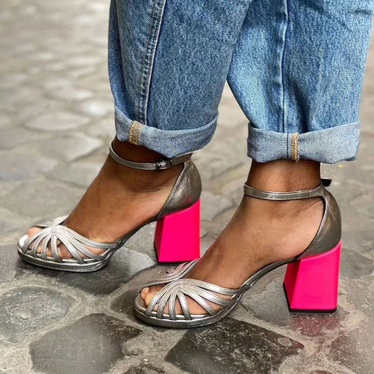 Women's Buckle Sandals Thick Heel Shiny Silver - Fashinoza