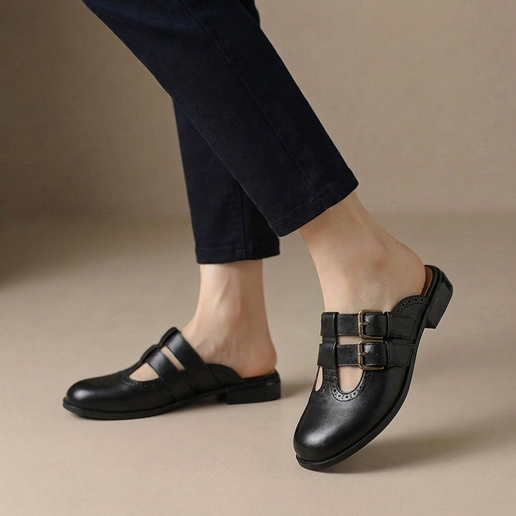 Women's Slip-On Mule Heels Double Buckle Strap Black