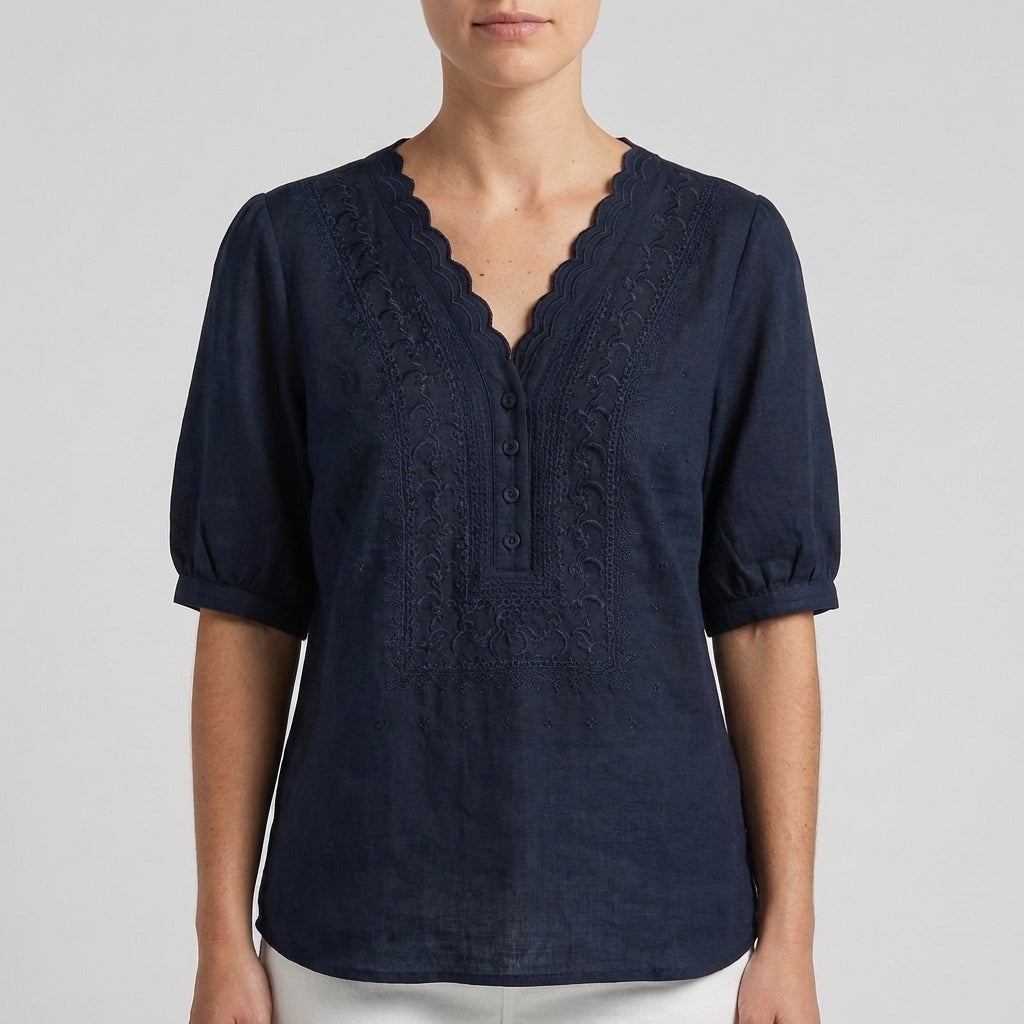 Women's Relaxed Fit V-Neck Blouse Embroidered Detail