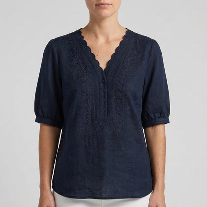 Women's Relaxed Fit V-Neck Blouse Embroidered Detail