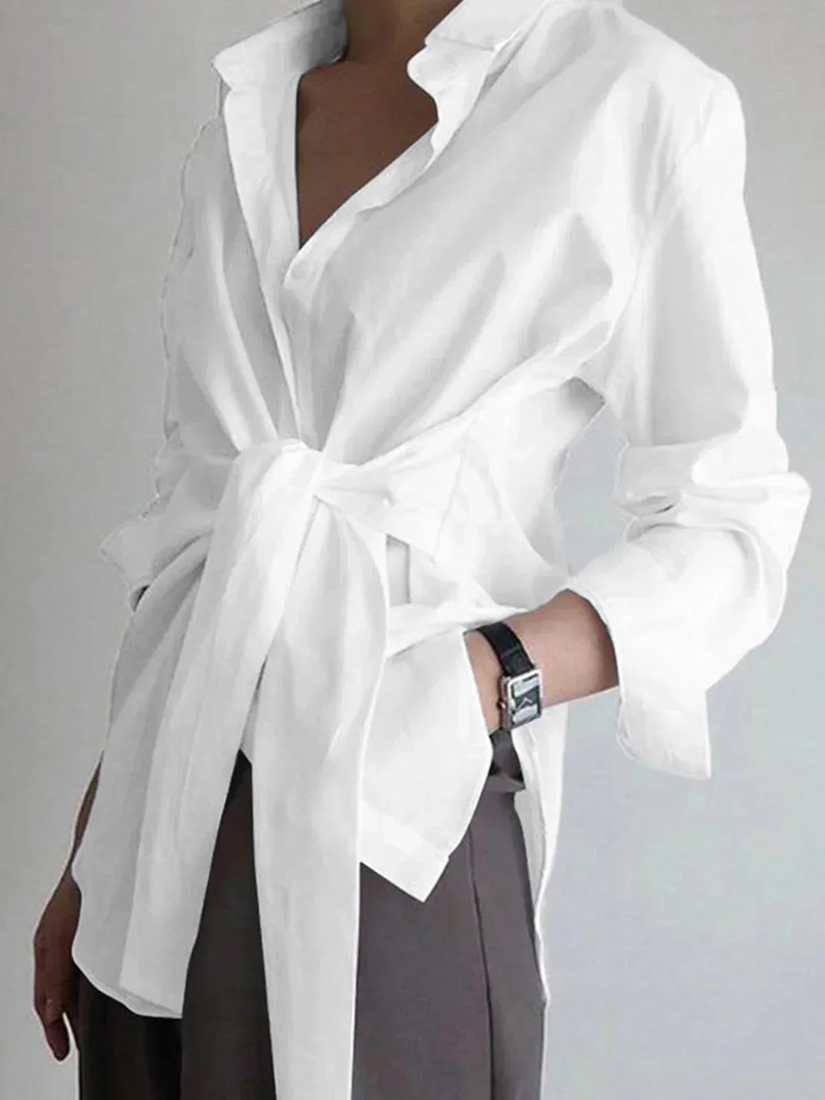 Women's Oversized Long Sleeve Shirt With Front Tie Belt - 
Fashinoza
