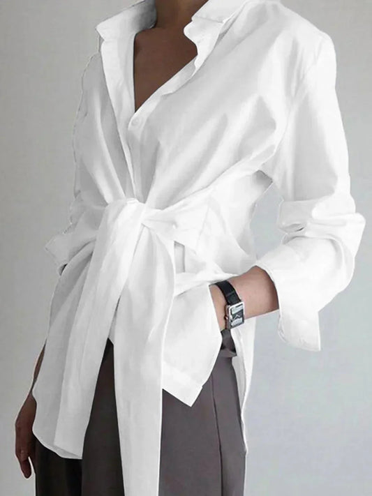 Women's Oversized Long Sleeve Shirt With Front Tie Belt - 
Fashinoza