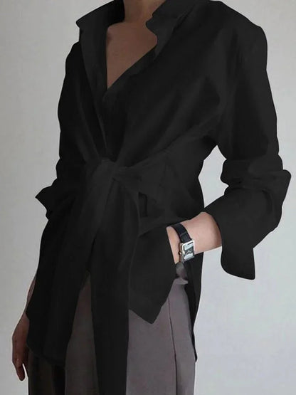 Women's Oversized Long Sleeve Shirt With Front Tie Belt