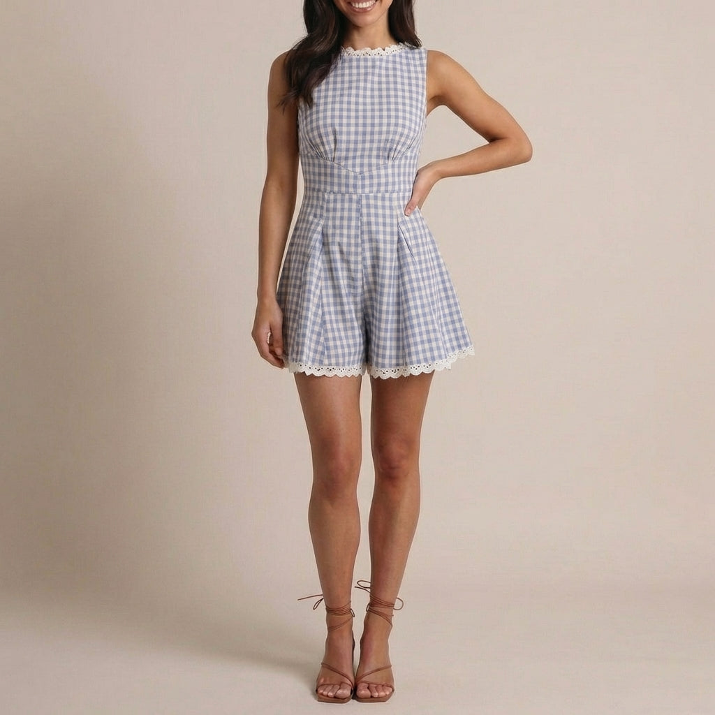 Women's Plaid Sleeveless Mini Jumpsuit - 
Fashinoza