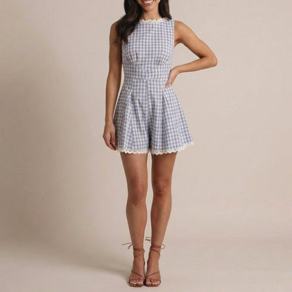 Women's Plaid Sleeveless Mini Jumpsuit - 
Fashinoza
