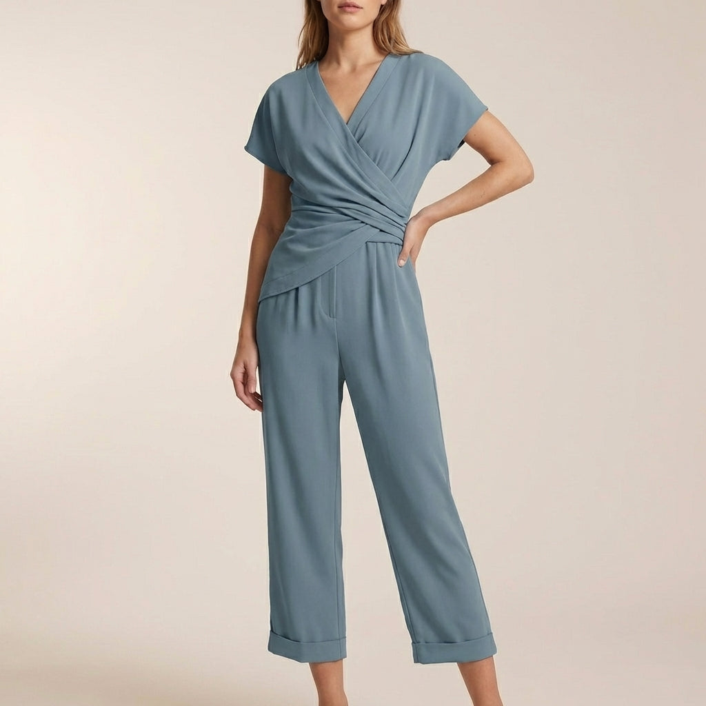 Women's Relaxed Jumpsuit V-Neck Wide Leg Cropped - 
Fashinoza
