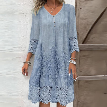 Women's Embroidered V-Neck Midi Dress - Fashinoza